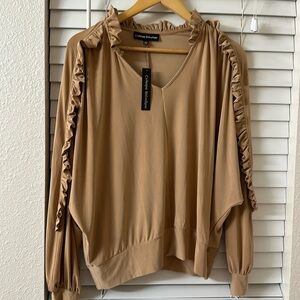 NWT Catherine Malandrino Camel Size Large V Neck Ruffle Dolman Sleeve Top